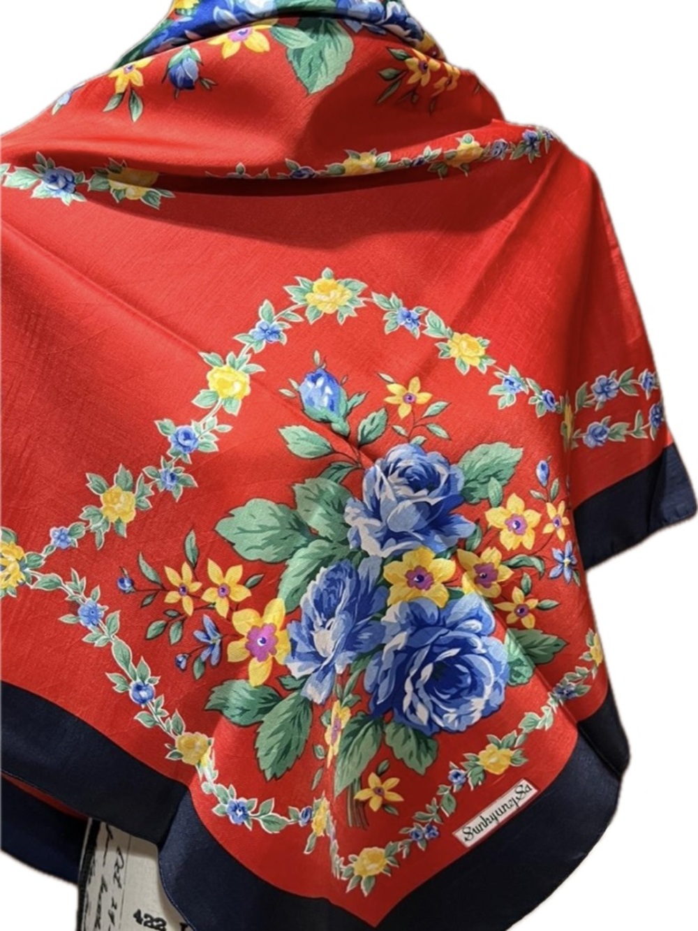 Sunkyang Sa Vintage Silk Scarf in Red Floral & Blue Rose Bouquet 34”x34” - Picture 2 of 6